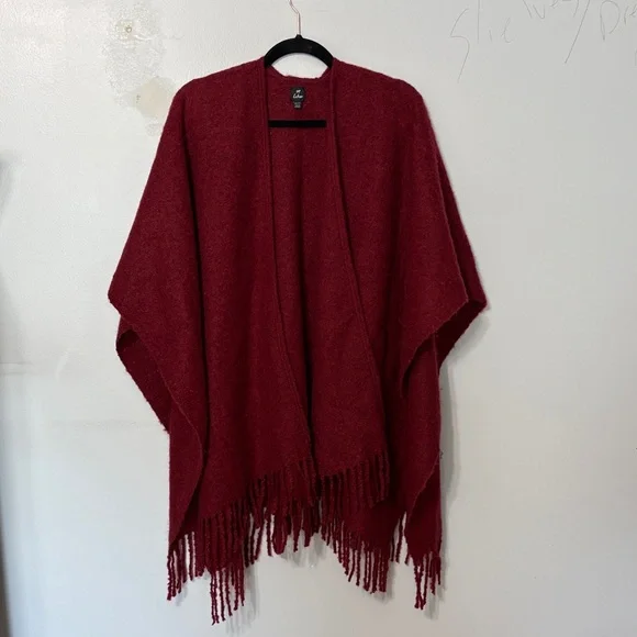 Echo Red Fringe Poncho Wrap Shawl Boho Cozy One Size Cape - Picture 2 of 5
